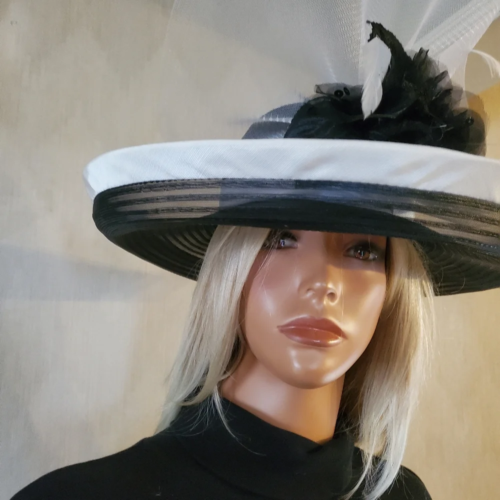 Whittail and Shon Black and White Wide Brim Fascinator Hat Feather Haute Couture